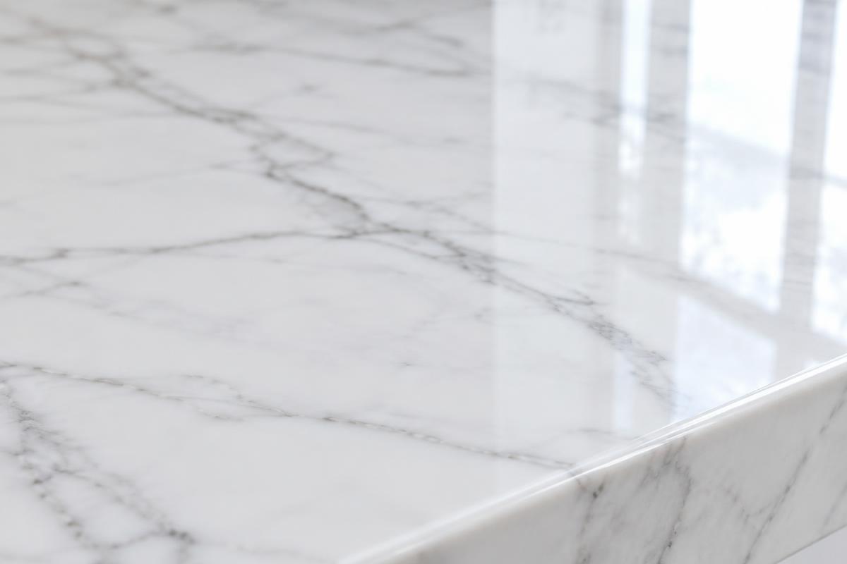 White marble countertop — after protection film
