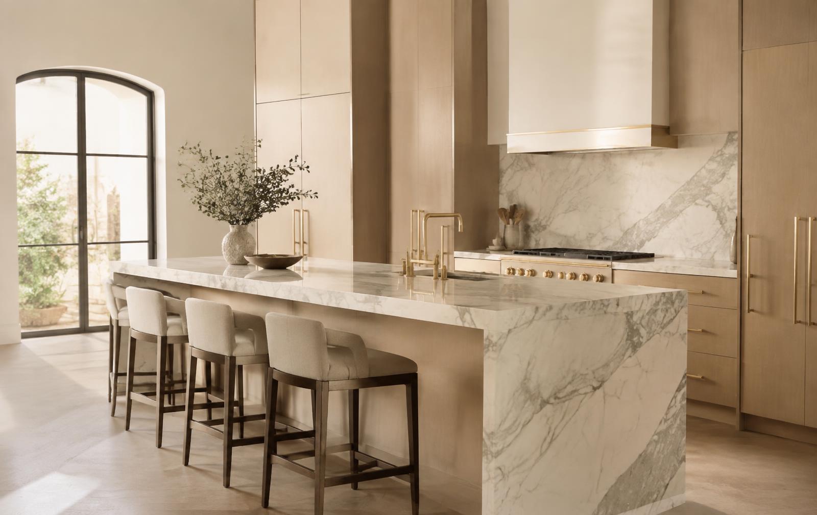 Calacatta marble kitchen island with brass fixtures, protected by clear film