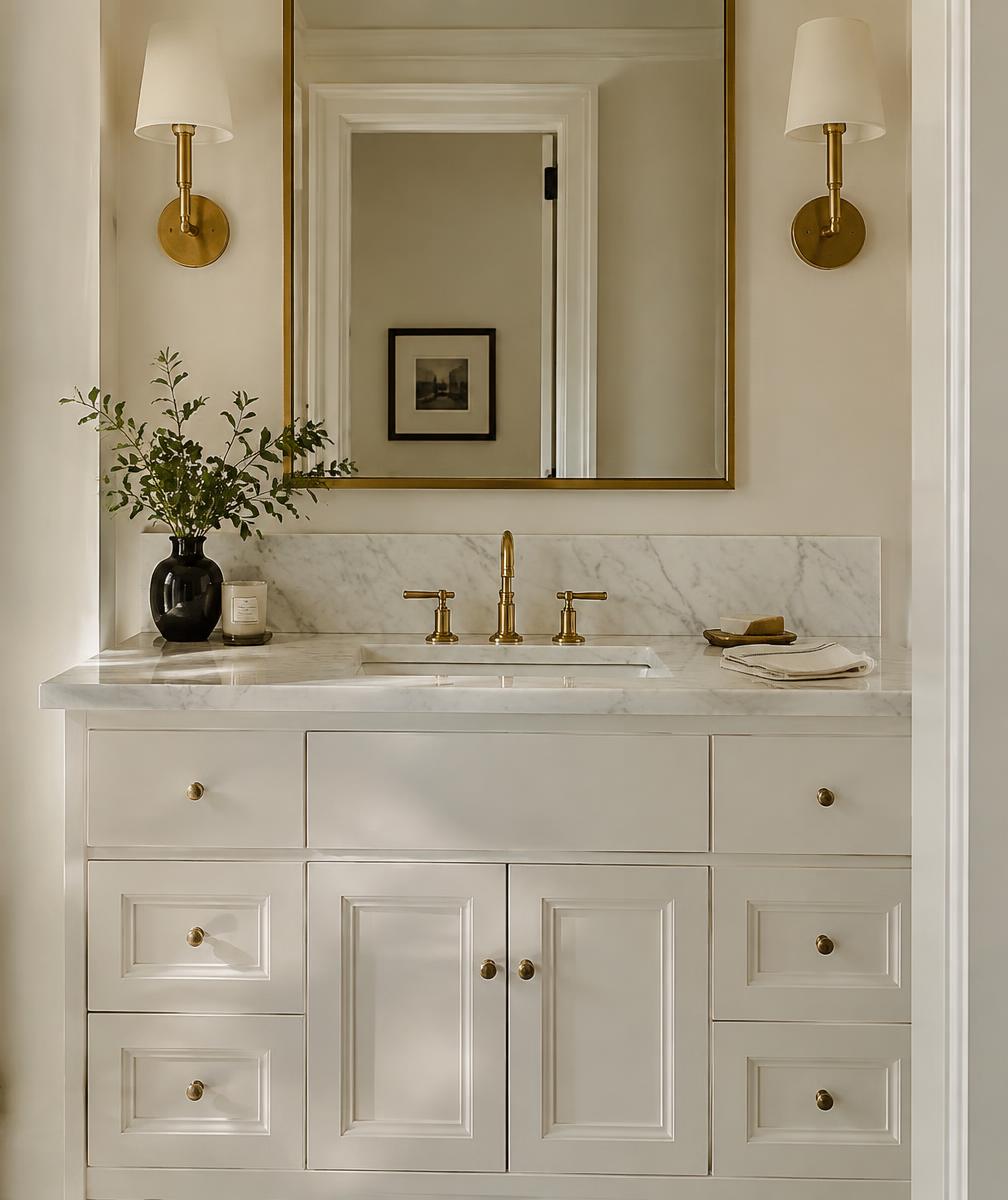 White marble bathroom vanity with brass faucet