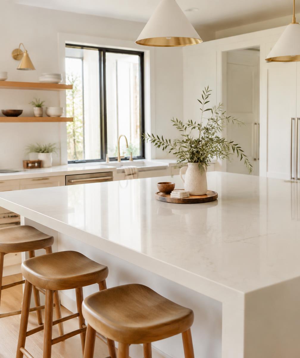 White quartz kitchen island with wooden stools